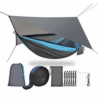Camping Hammock w Rain Fly, Mosquito Net, Tree Straps Portable Nylon Parachute for Backpacking