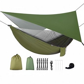 Camping Hammock w Rain Fly, Mosquito Net, Tree Straps Portable Nylon Parachute for Backpacking