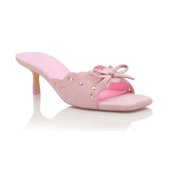 LENNY Scalloped Eyelet Bow Kitten Heel Slide Sandals