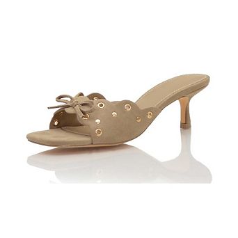 LENNY Scalloped Eyelet Bow Kitten Heel Slide Sandals