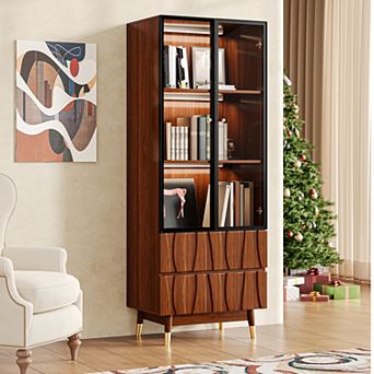 63'' Display China Cabinet Liquor Cabinet, Mid Century Wood Bookshelf Kitchen Hutch Case with Drawer