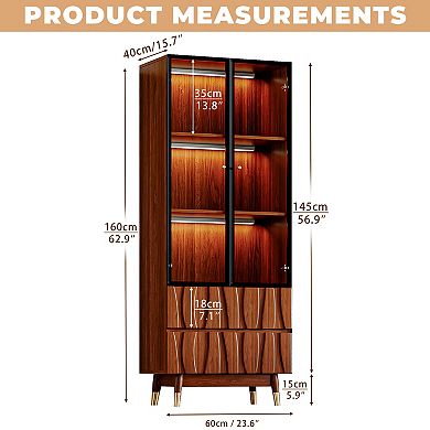63'' Display China Cabinet Liquor Cabinet, Mid Century Wood Bookshelf Kitchen Hutch Case with Drawer