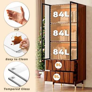63'' Display China Cabinet Liquor Cabinet, Mid Century Wood Bookshelf Kitchen Hutch Case with Drawer
