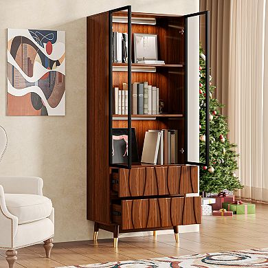 63'' Display China Cabinet Liquor Cabinet, Mid Century Wood Bookshelf Kitchen Hutch Case with Drawer