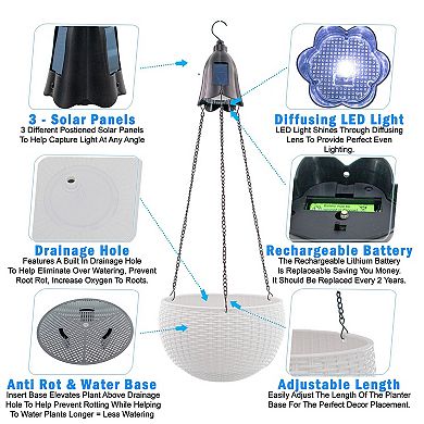 Solar Hanging Planter with LED Light - Anti Rot, Plastic Hanging Plant Basket - Indoor/Outdoor