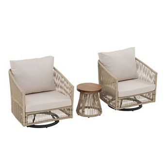 SUNSITT 3 pc Patio Furniture Set Outdoor Swivel Rocker Chairs with Wood Top Coffee Table