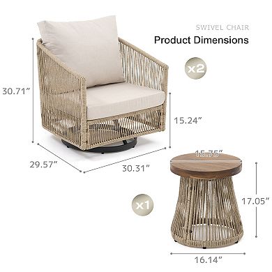 SUNSITT 3-Piece Patio Furniture Set Outdoor Swivel Rocker Chairs with Wood Top Coffee Table