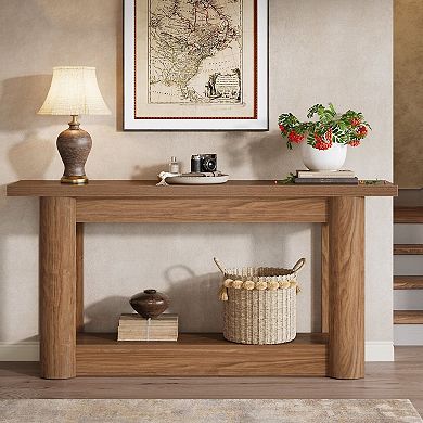 Farmhouse Woodgrain Console Table with Lower Shelf for Display and Storage