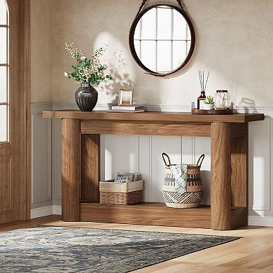 Farmhouse Woodgrain Console Table with Lower Shelf for Display and Storage