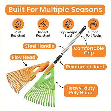 Extendable Long-Handle Leaf Grabber Rake for Leaves Grass & Debris for Garden Cleanup & Maintenance