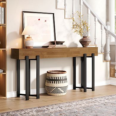Industrial Entryway Console Table, Wood Grain Sofa Table with Metal Legs