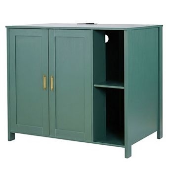 Enclosed Cat Litter Box Cabinet with Dual Doors Storage Drawer and Built-In Power Outlet