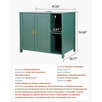 Enclosed Cat Litter Box Cabinet with Dual Doors Storage Drawer and Built-In Power Outlet