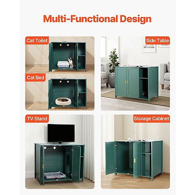 Enclosed Cat Litter Box Cabinet with Dual Doors Storage Drawer and Built-In Power Outlet