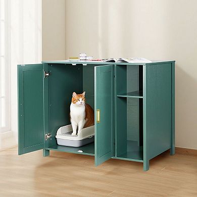 Enclosed Cat Litter Box Cabinet with Dual Doors Storage Drawer and Built-In Power Outlet