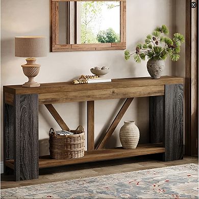Slim Farmhouse Wood Sofa Table Hallway Entryway Console with H-Frame Design