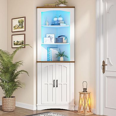 Rustic Barn Door Corner Cabinet with LED Lighting, for Living Rooms