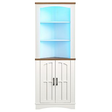 Rustic Barn Door Corner Cabinet with LED Lighting, for Living Rooms