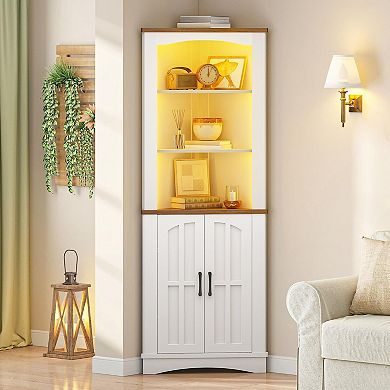 Rustic Barn Door Corner Cabinet with LED Lighting, for Living Rooms
