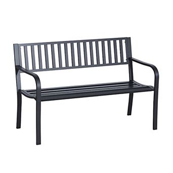 2-Person Outdoor Patio Bench Steel Frame with Armrests and Slatted Seat