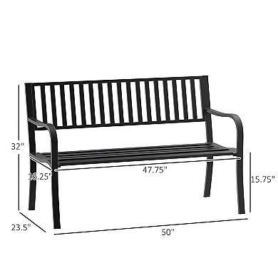 2-Person Outdoor Patio Bench Steel Frame with Armrests and Slatted Seat