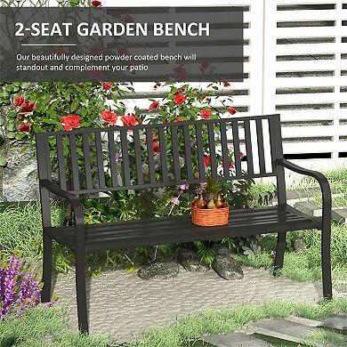 2-Person Outdoor Patio Bench Steel Frame with Armrests and Slatted Seat