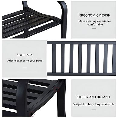 2-Person Outdoor Patio Bench Steel Frame with Armrests and Slatted Seat