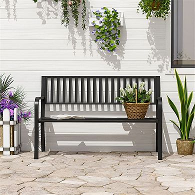 2-Person Outdoor Patio Bench Steel Frame with Armrests and Slatted Seat