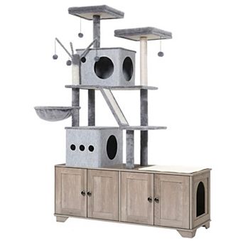 Double Litter Box Cat Tree with Condo Playhouses, Hanging Toys, and Scratching Surfaces
