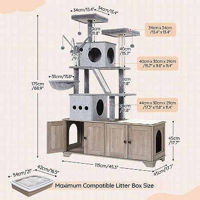 Double Litter Box Cat Tree with Condo Playhouses, Hanging Toys, and Scratching Surfaces