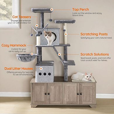 Double Litter Box Cat Tree with Condo Playhouses, Hanging Toys, and Scratching Surfaces