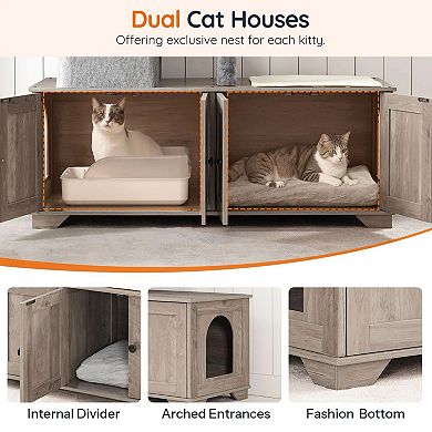 Double Litter Box Cat Tree with Condo Playhouses, Hanging Toys, and Scratching Surfaces