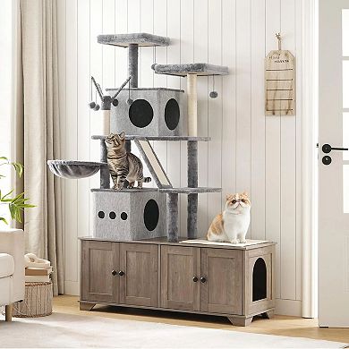 Double Litter Box Cat Tree with Condo Playhouses, Hanging Toys, and Scratching Surfaces