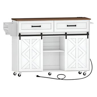 Kitchen Cart with Power Outlet, Barn Door Storage and Locking Casters