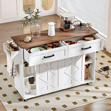 Kitchen Cart with Power Outlet, Barn Door Storage and Locking Casters