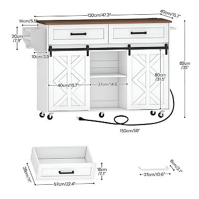 Kitchen Cart with Power Outlet, Barn Door Storage and Locking Casters