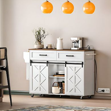 Kitchen Cart with Power Outlet, Barn Door Storage and Locking Casters