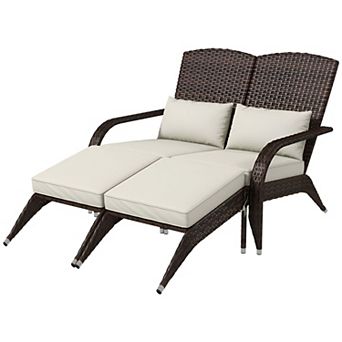 Outdoor Rattan Adirondack Chair with Footstools Cushions 2 Seat Patio Chair