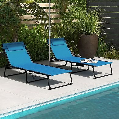 Outdoor Reclining Lounge Chairs 2-Pack Foldable with Cushion and Storage Pockets