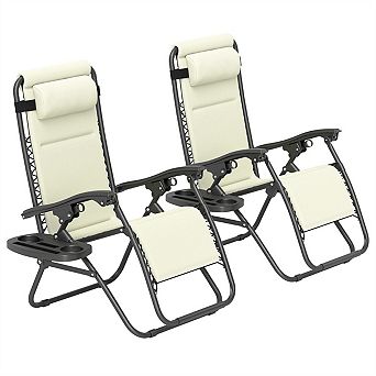 Outdoor Folding Lounge Chairs Set of 2 Reclining Pool Patio Chairs with Tray