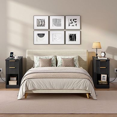 Bedroom or Living Room Side Table with Open Shelf and Device Charging Station