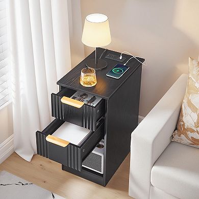 Bedroom or Living Room Side Table with Open Shelf and Device Charging Station