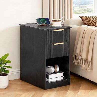 Bedroom or Living Room Side Table with Open Shelf and Device Charging Station