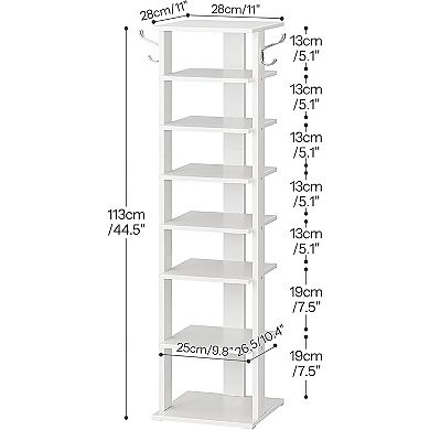 Entryway Shoe Rack 8 Tier Vertical Design, Removable Shelves and Hooks for Shoes and Accessories