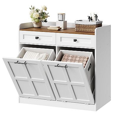 Bathroom Laundry Cabinet with 2 Hamper Baskets, Drawers and Top Surface, Freestanding Organizer