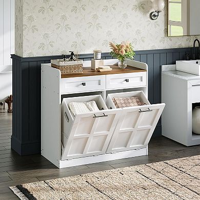 Bathroom Laundry Cabinet with 2 Hamper Baskets, Drawers and Top Surface, Freestanding Organizer
