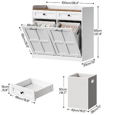 Bathroom Laundry Cabinet with 2 Hamper Baskets, Drawers and Top Surface, Freestanding Organizer