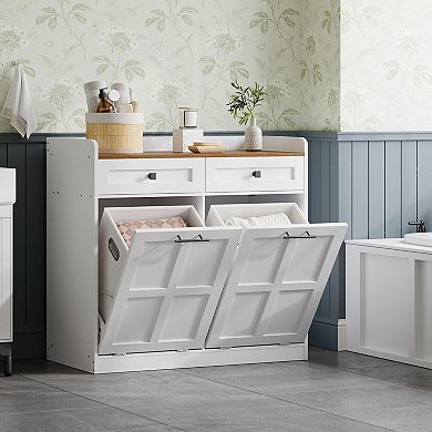 Bathroom Laundry Cabinet with 2 Hamper Baskets, Drawers and Top Surface, Freestanding Organizer