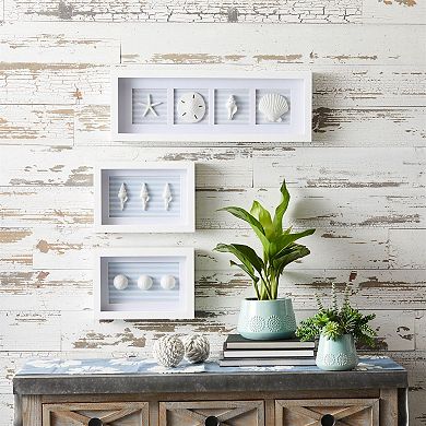 Set of 3 Framed Coastal Wall Art Sand Dollar Shell and Starfish Sculpted Plaques Nautical Wall Decor
