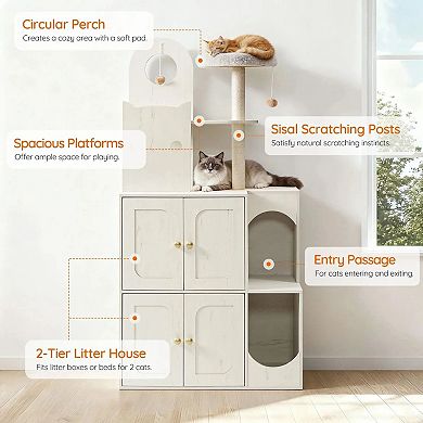 Dual-Layer Cat Tree with Litter Box Enclosure, Sisal Scratching Posts, and Platforms
